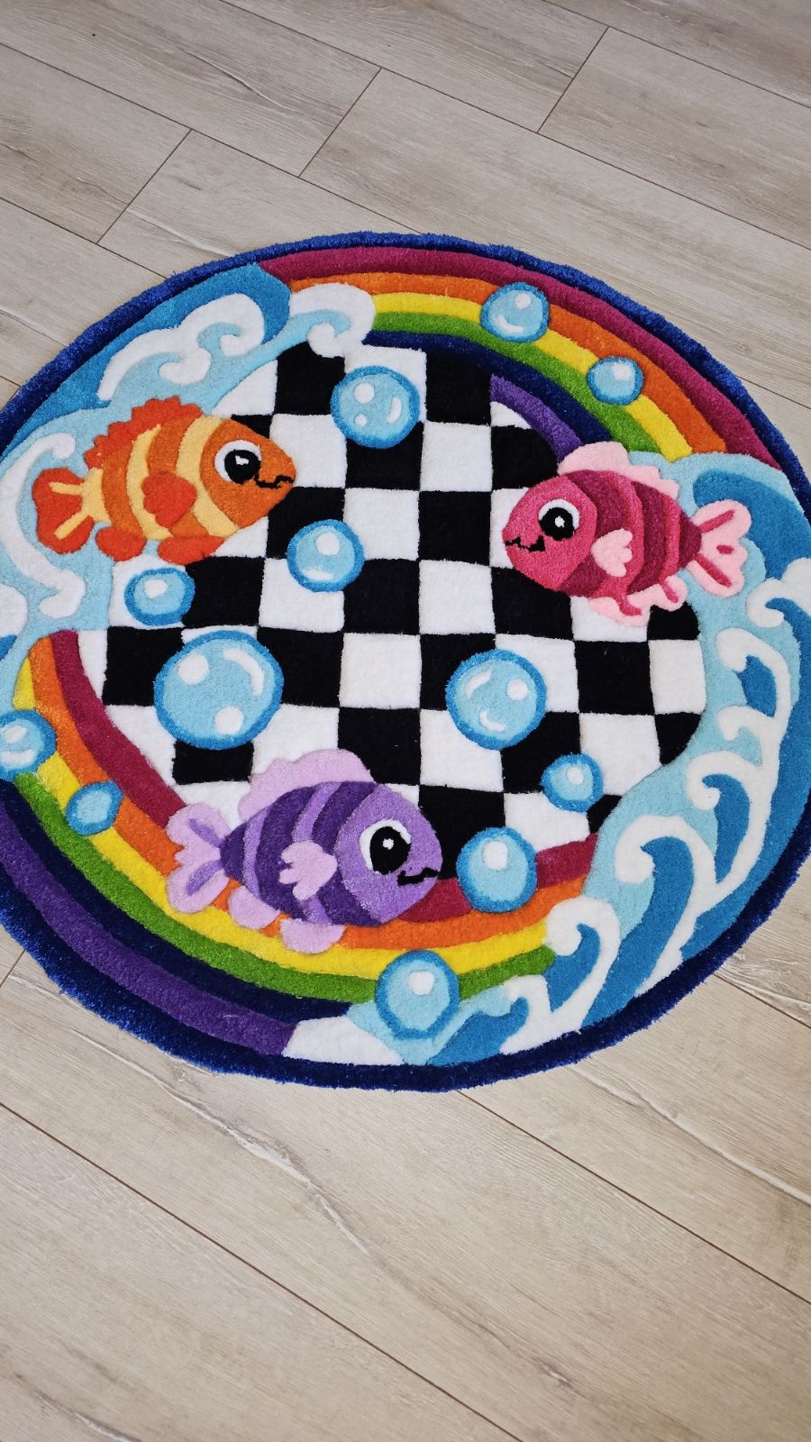 Rainbow Fish Tufted Rug – Handmade Checkerboard Ocean Rug - 1