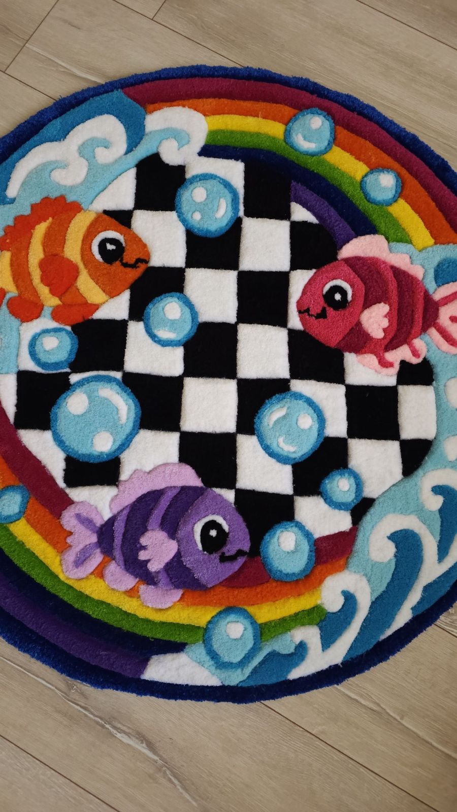 Rainbow Fish Tufted Rug – Handmade Checkerboard Ocean Rug - 2