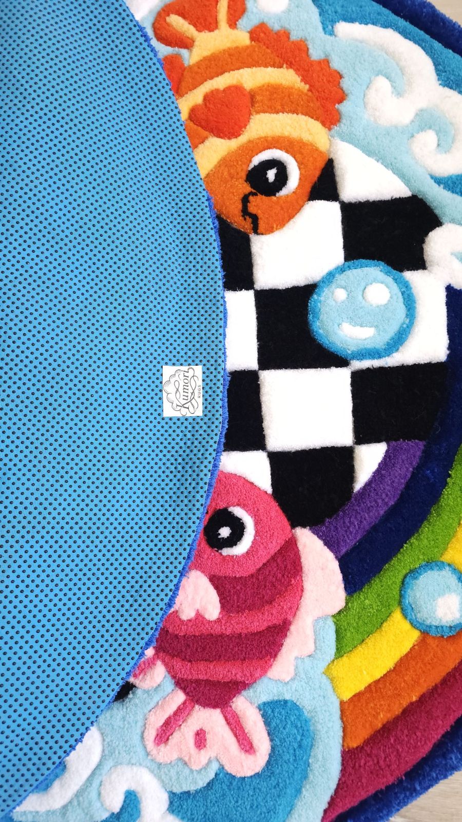 Rainbow Fish Tufted Rug – Handmade Checkerboard Ocean Rug - 8